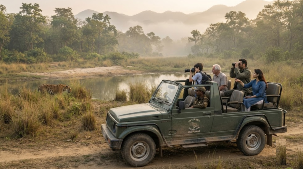 wildlife travel photograph inside Jim Corbett National Park, featuring a realistic Indian forest landscape with tall trees,