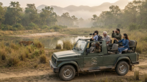 wildlife travel photograph inside Jim Corbett National Park, featuring a realistic Indian forest landscape with tall trees,