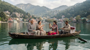 photograph of random diverse Indian tourists enjoying a peaceful boat ride on Naini Lake, Nainital, surrounded by lush Himalayan hills and authentic hill-town scenery, natural daylight