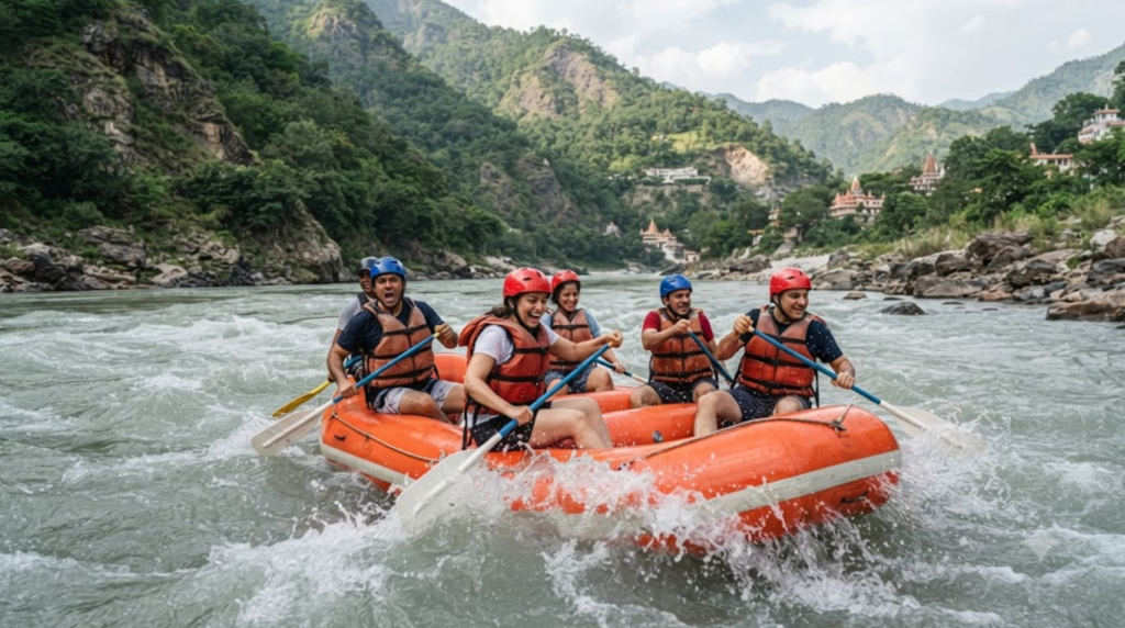 adventure travel photograph of random diverse Indian tourists safely river rafting on the Ganges near Rishikesh,