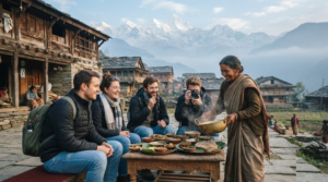 documentary travel photograph of random diverse Indian tourists experiencing authentic local culture in Uttarakhand