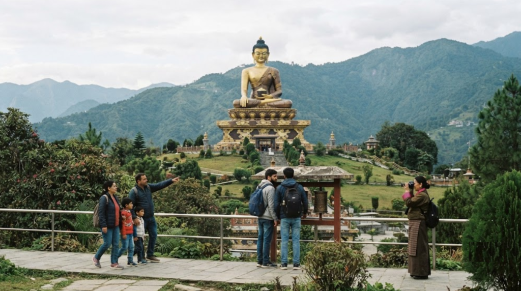 travel photograph of Buddha Park in Ravangla, Sikkim, featuring the monumental Buddha statue set against lush green Himalayan mountains and peaceful landscaped surroundings