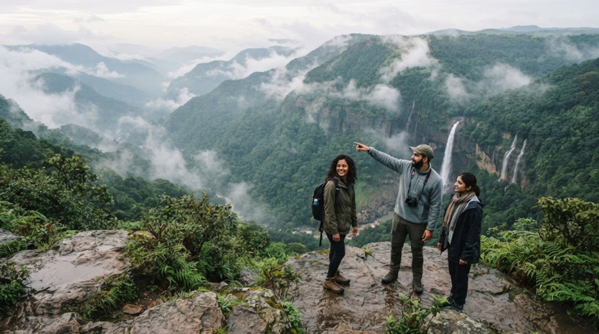travel photograph of Meghalaya, India, featuring lush green Khasi Hills covered in soft natural mist, dramatic layered mountains, dense tropical vegetation,
