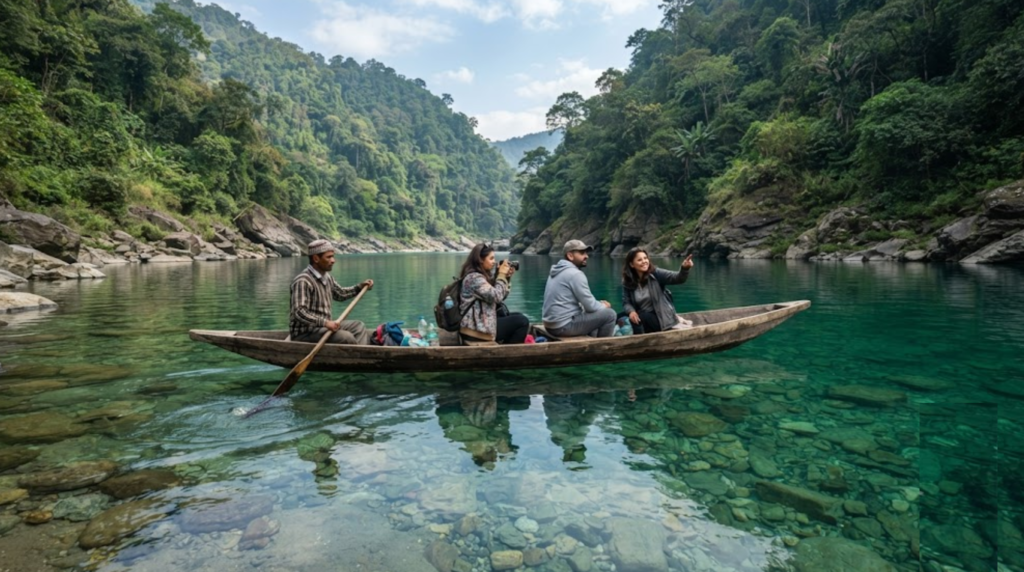 travel photograph of the Umngot River at Dawki, Meghalaya, featuring exceptionally clear turquoise-green water,