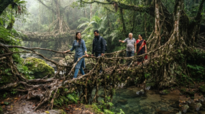 travel photograph of a traditional living root bridge in Meghalaya, featuring naturally intertwined tree roots forming a sturdy bridge over a small forest stream
