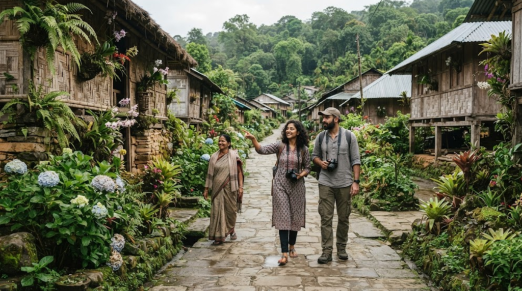 photograph of Mawlynnong village in Meghalaya, featuring lush tropical greenery, clean village pathways, traditional houses