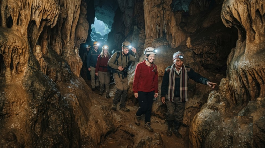 ravel photograph inside a natural limestone cave in Meghalaya, featuring dramatic rock formations,