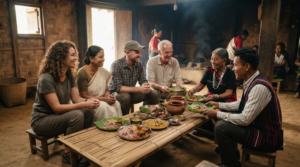 ravel photograph of random diverse Indian tourists experiencing authentic Khasi culture in Meghalaya, traditional local setting, regional food being served