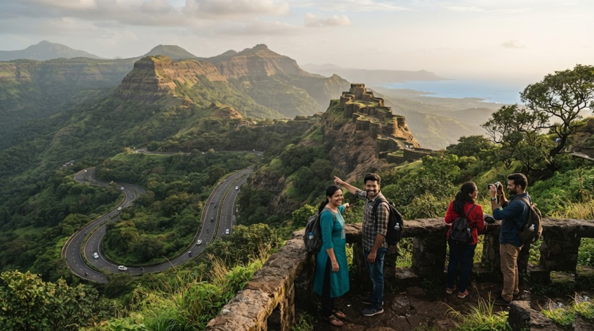 travel photograph representing Maharashtra, India, combining the state's diverse travel character in one natural cinematic scene: a dramatic Western Ghats mountain landscape with lush green hills,