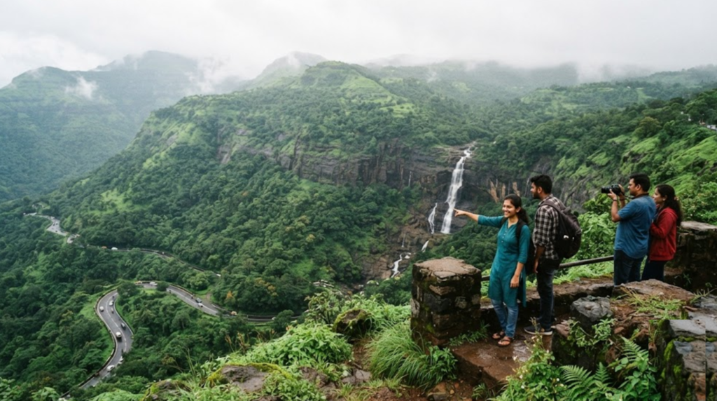 travel photograph of Lonavala, Maharashtra, featuring lush green Western Ghats mountains, dramatic valleys,