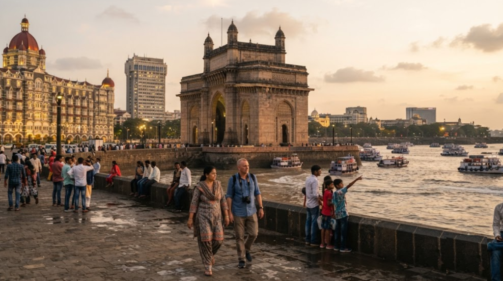 ravel photograph of Mumbai, Maharashtra, featuring the Gateway of India overlooking the Arabian Sea, elegant colonial architecture, a few random
