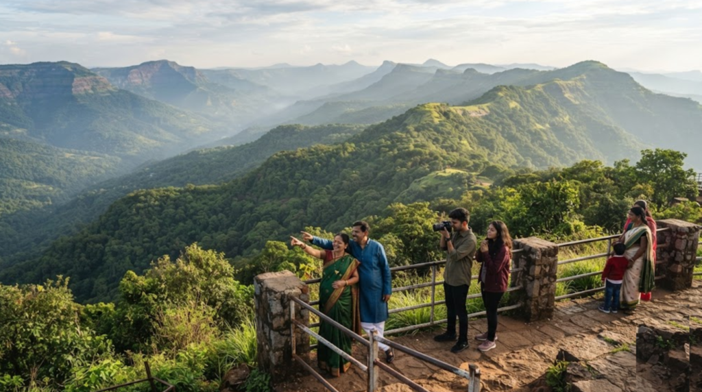 travel photograph of Mahabaleshwar, Maharashtra, featuring expansive Western Ghats valleys, dense green forests, rolling mountain ridges and a scenic viewpoint