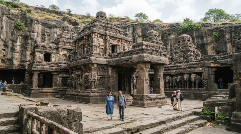 photograph of the Ajanta and Ellora cave heritage region in Maharashtra, showing monumental ancient rock-cut architecture carved into a dramatic stone cliff