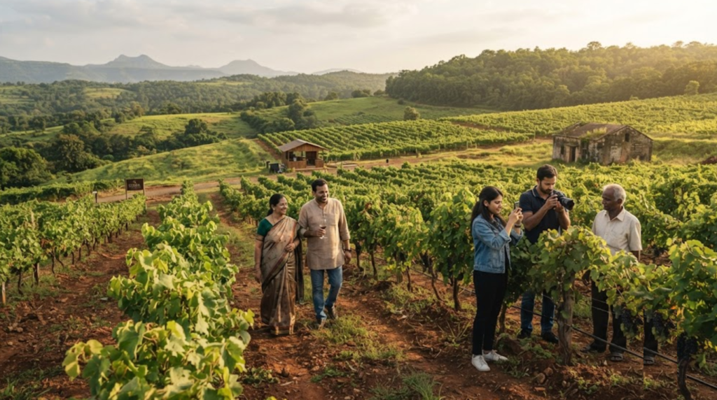 travel photograph representing Nashik, Maharashtra, featuring a beautiful vineyard landscape with rows of grapevines