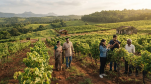 travel photograph representing Nashik, Maharashtra, featuring a beautiful vineyard landscape with rows of grapevines