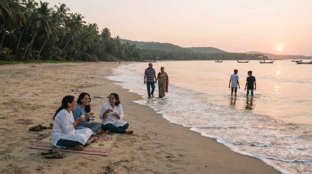 travel photograph of the Konkan coast in Maharashtra, featuring a pristine sandy beach, turquoise Arabian Sea, coconut palms,