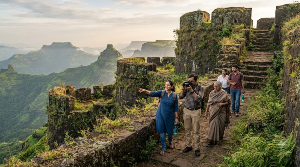 travel photograph of random diverse Indian tourists exploring a historic Maratha hill fort in Maharashtra, weathered stone walls, dramatic Western Ghats landscape and green