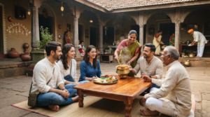 travel photograph of random diverse Indian tourists experiencing authentic Maharashtrian culture, traditional local food being served in a welcoming setting,