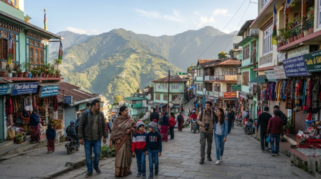 travel photograph of random diverse Indian tourists exploring Gangtok, Sikkim, with a scenic hillside street, local shops, authentic Sikkimese architecture and green Himalayan mountains in the background