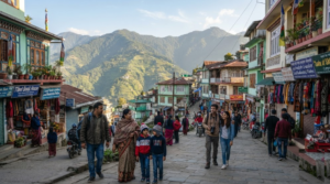 travel photograph of random diverse Indian tourists exploring Gangtok, Sikkim, with a scenic hillside street, local shops, authentic Sikkimese architecture and green Himalayan mountains in the background