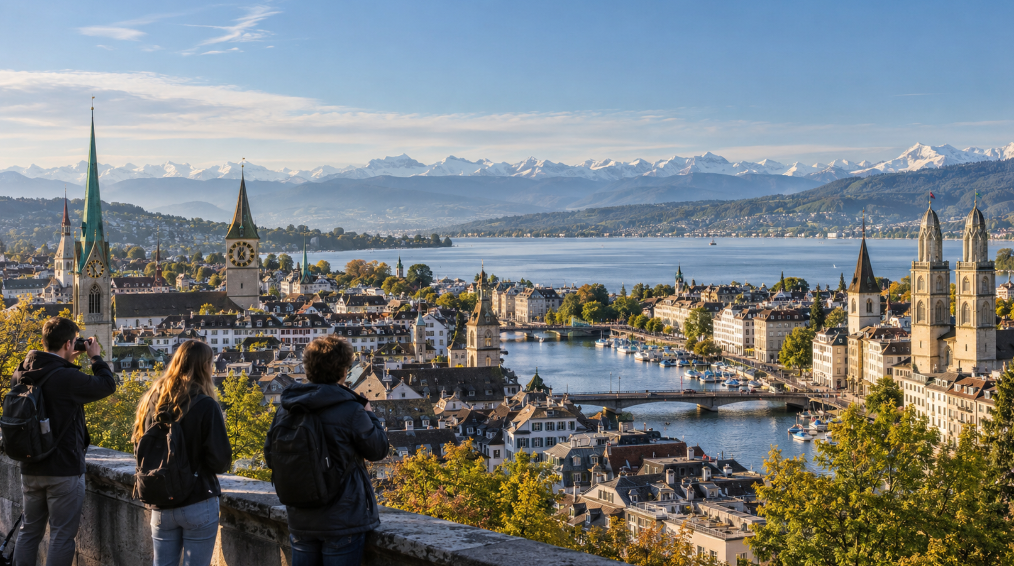 Panoramic view of Zurich, Switzerland from an elevated viewpoint, Lake Zurich stretching through the city, historic church towers and elegant European architecture, distant Swiss Alps visible on the horizon,