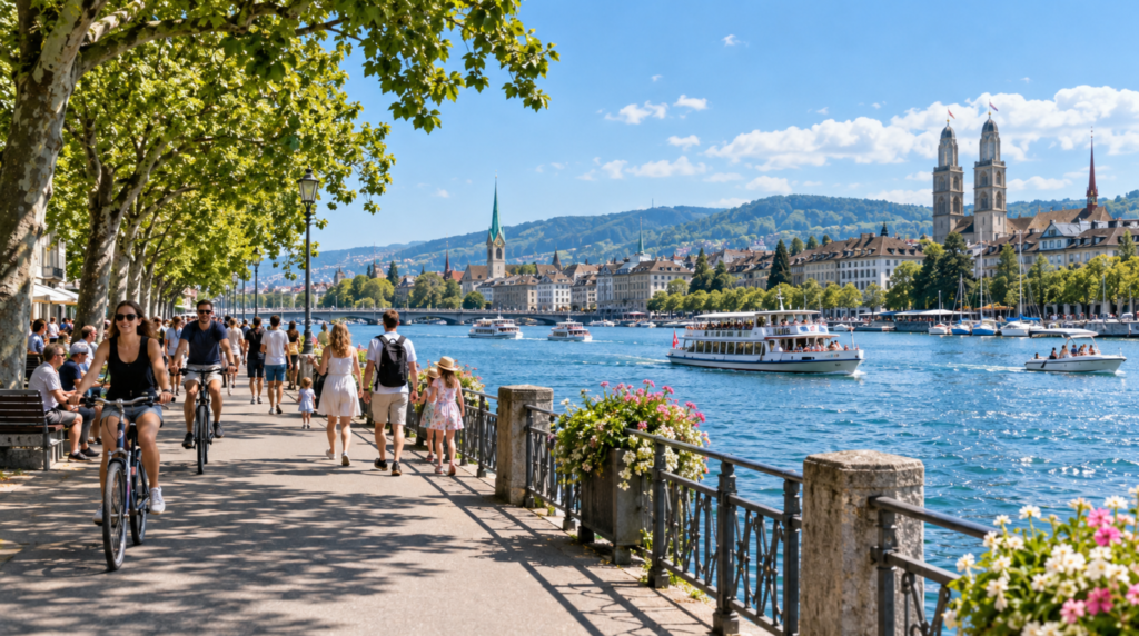 summer afternoon beside Lake Zurich, sparkling blue water with small passenger boats, tree-lined promenade, cyclists and families strolling naturally beside the lake,
