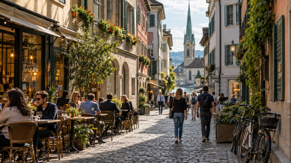 Street-level documentary photograph inside Zurich Old Town, narrow cobblestone lane surrounded by authentic historic Swiss buildings, café tables, bicycles and pedestrians going about their day