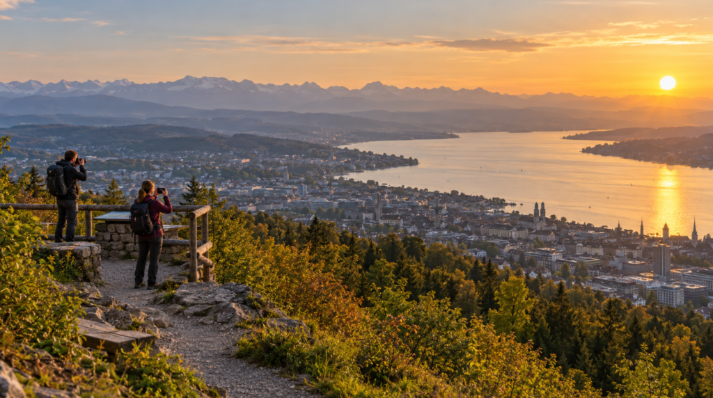 Wide landscape photograph from Uetliberg overlooking Zurich and Lake Zurich during golden hour, hiking trail and viewing area in foreground,