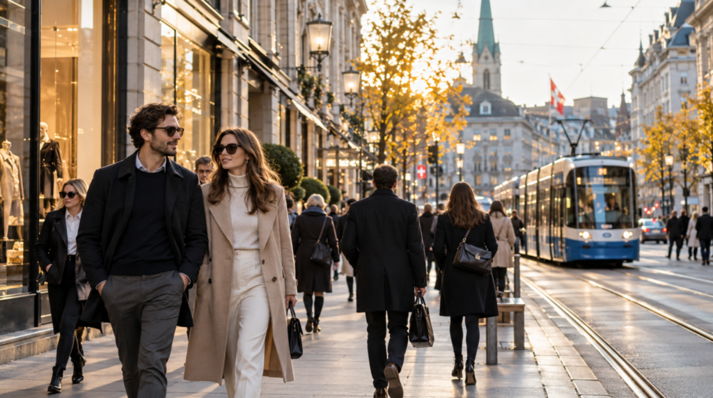 Premium lifestyle photograph on Bahnhofstrasse Zurich during late afternoon, real shoppers walking past elegant storefronts, Zurich tram approaching naturally in the background,