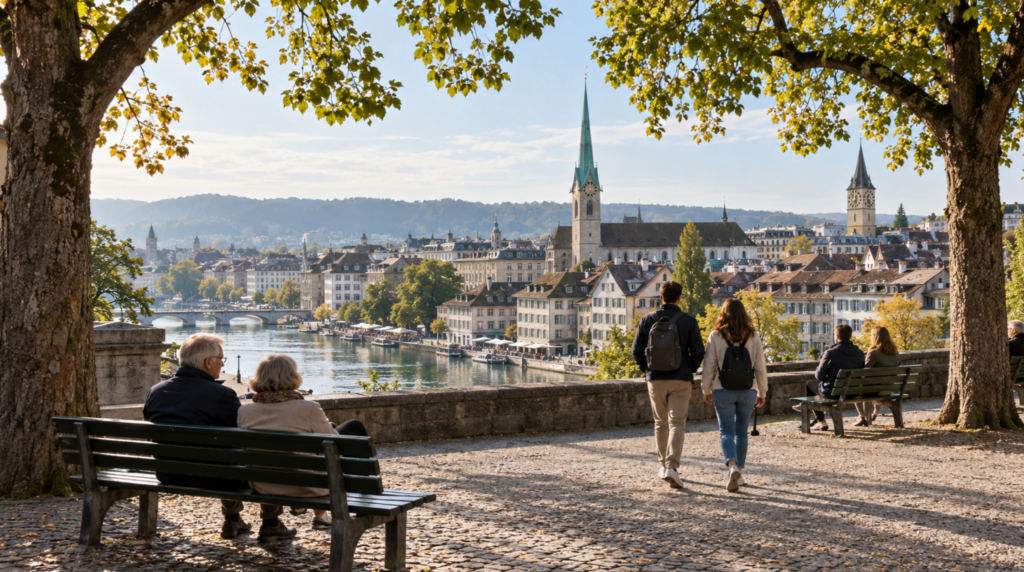 Quiet morning at Lindenhof Zurich, mature trees framing a scenic view over the Limmat River and historic Old Town rooftops,