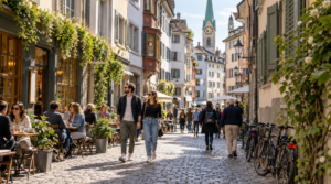 Authentic street-level travel photograph in Zurich Old Town, Switzerland, narrow cobblestone pedestrian lane lined with beautifully preserved historic European buildings, small independent cafés and local boutiques,