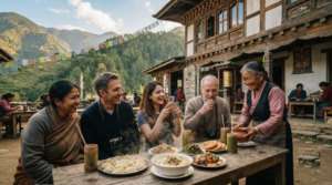 travel photograph showing random diverse Indian tourists experiencing authentic Sikkimese culture at a local setting