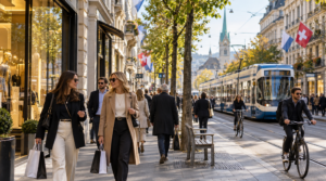 Candid lifestyle photograph on Bahnhofstrasse in central Zurich, elegant Swiss shopping boulevard with sophisticated storefronts and traditional European architecture,