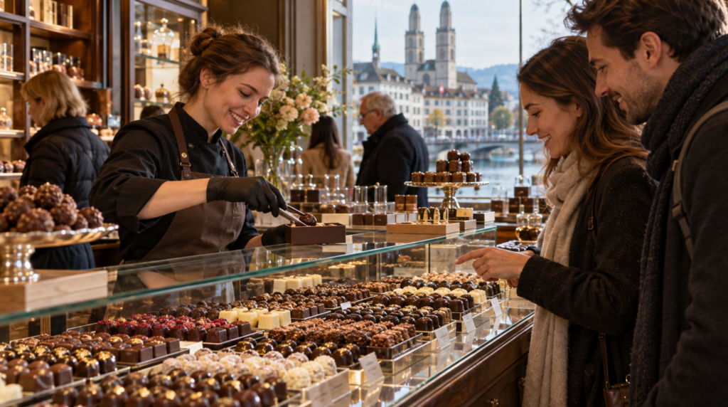 Intimate documentary photograph inside an authentic artisan chocolate shop in Zurich, beautifully arranged handmade Swiss pralines and chocolates displayed prominently in the foreground,