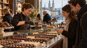 Intimate documentary photograph inside an authentic artisan chocolate shop in Zurich, beautifully arranged handmade Swiss pralines and chocolates displayed prominently in the foreground,