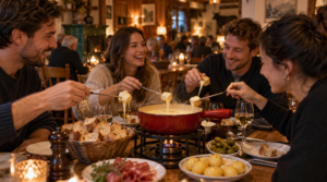 Authentic evening dining experience inside a cosy traditional Swiss restaurant in Zurich, bubbling cheese fondue served in a classic fondue pot at the centre of a wooden table, bread pieces and simple Swiss side dishes surrounding it,