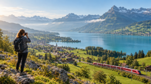 Swiss day-trip experience from Zurich, traveller standing naturally at a panoramic viewpoint overlooking lush green Swiss countryside, traditional villages and a turquoise alpine lake with dramatic but geographically believable mountains rising in the distance,