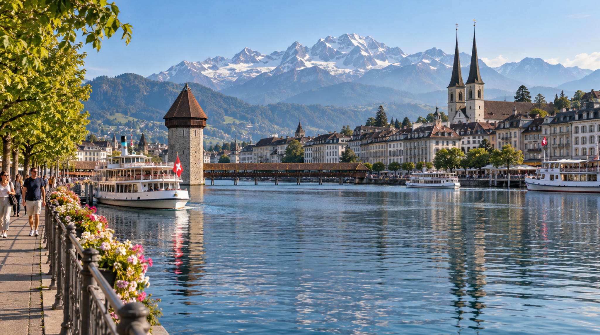 Spectacular panoramic travel photograph of Lucerne, Switzerland on a clear early-summer morning, Lake Lucerne in the foreground with elegant passenger boats, historic Lucerne waterfront and church towers beyond