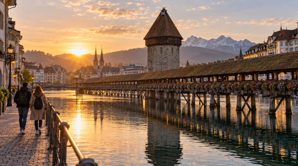sunrise photograph of Chapel Bridge in Lucerne Switzerland crossing the calm Reuss River, historic wooden bridge and Water Tower clearly visible, traditional Swiss buildings lining the riverbanks,