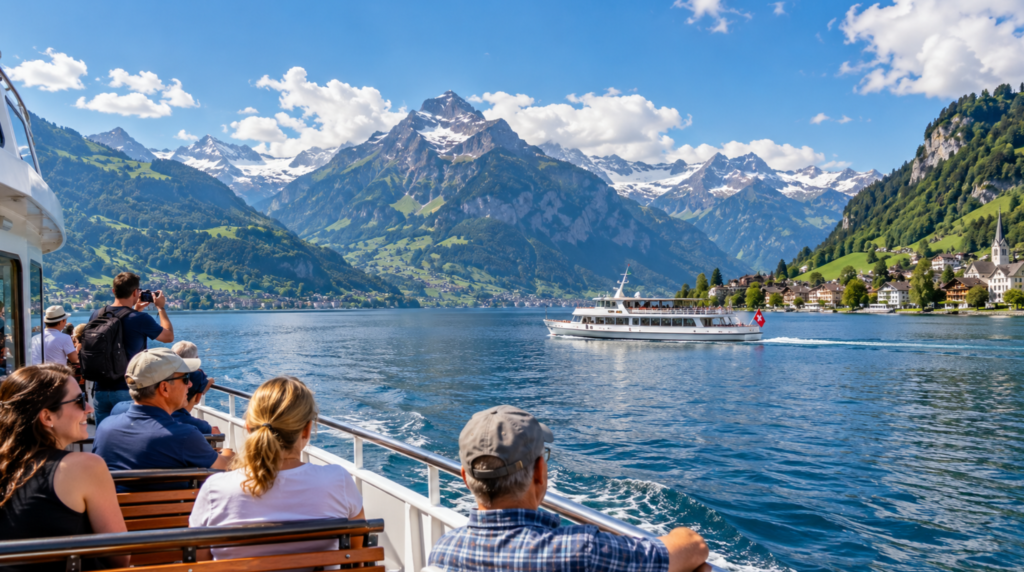 Wide scenic photograph from aboard a Lake Lucerne passenger boat, deep blue lake surrounded by green hills and realistic Swiss Alpine peaks, white passenger boat travelling across the middle distance, travellers casually enjoying the outdoor deck,