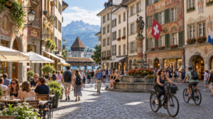 street photography inside Lucerne Old Town, colourful historic Swiss façades with authentic painted details, cobbled pedestrian square, outdoor café tables and small local shops
