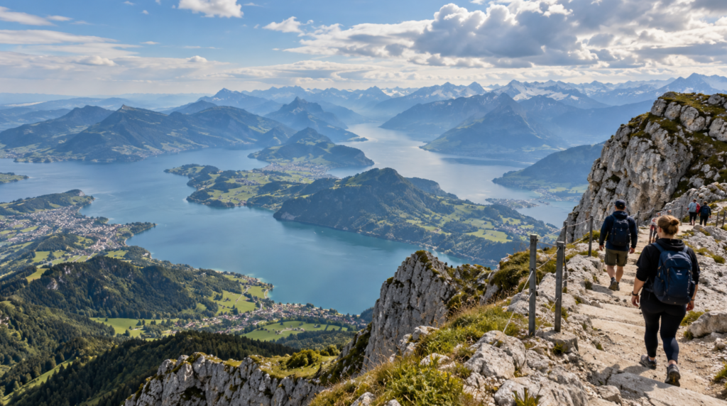 Alpine photograph from Mount Pilatus above Lucerne, rugged rocky mountain landscape overlooking Lake Lucerne far below, realistic layered Swiss Alps extending toward the horizon,