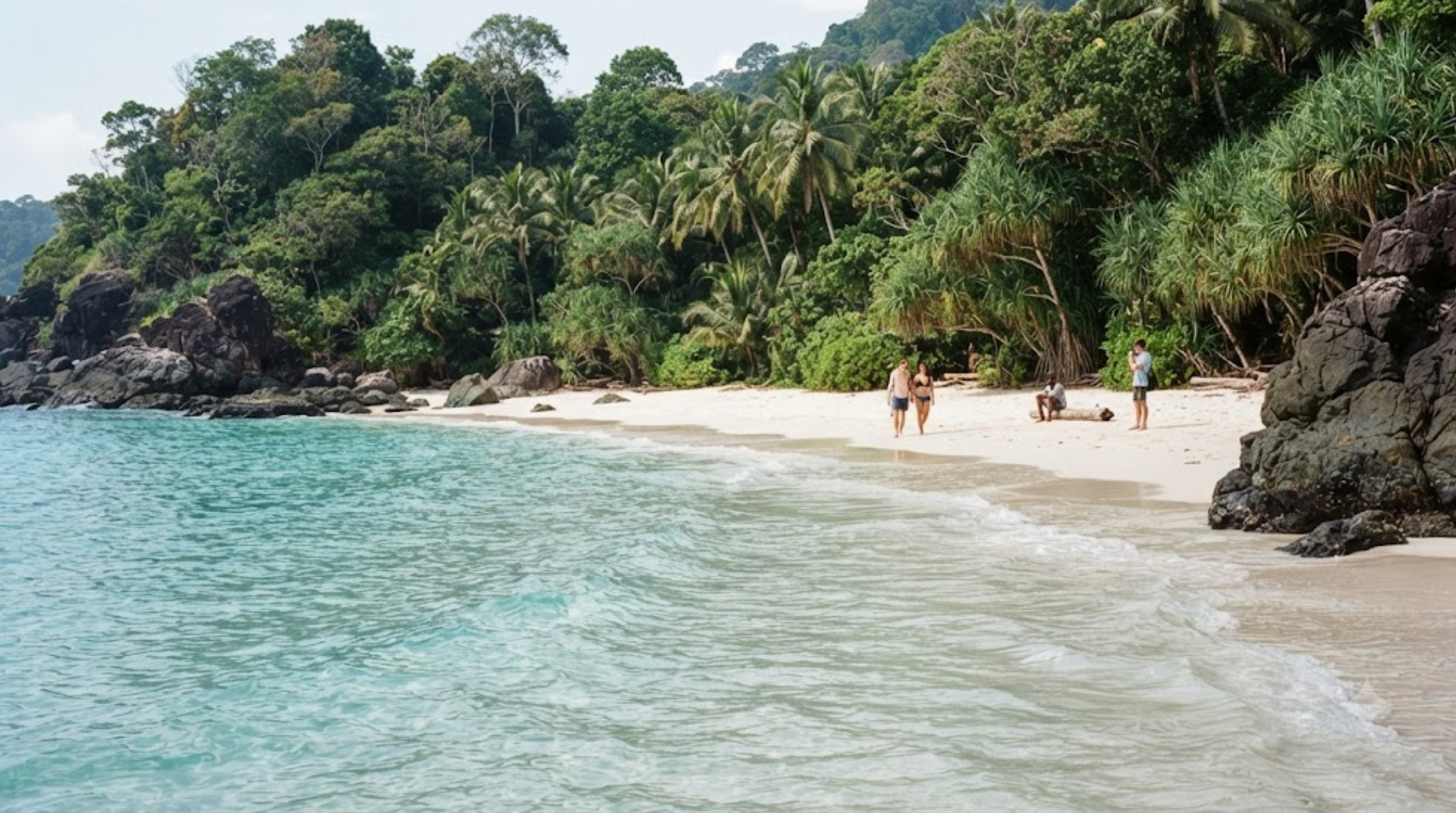 photograph of the Andaman & Nicobar Islands, featuring crystal-clear turquoise ocean water, a pristine tropical beach with white sand, lush green palm trees and dense island vegetation