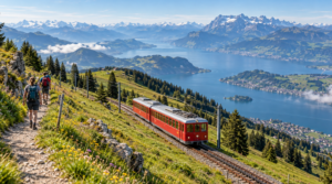 Scenic Swiss mountain railway travelling through lush green slopes on Mount Rigi, traditional red cogwheel train moving naturally through the middle distance,