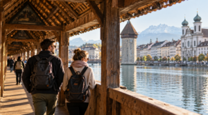 travel photograph from inside Lucerne's historic Chapel Bridge, authentic wooden beams creating perspective through the covered walkway,