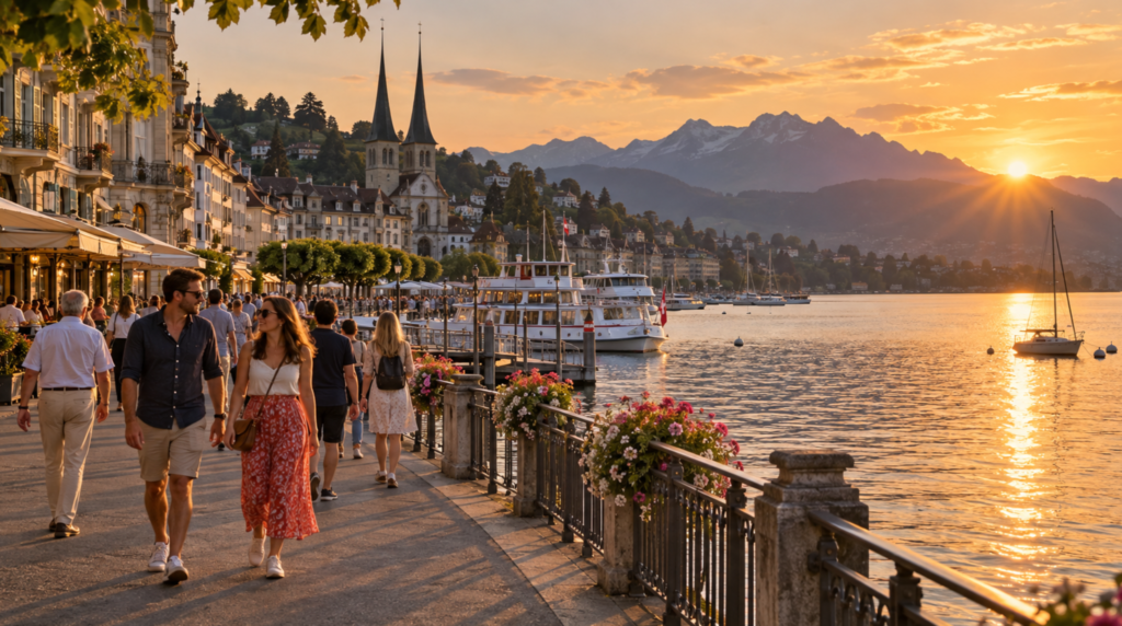 Peaceful golden-hour scene along Lucerne's lakeside promenade, real travellers and local residents casually strolling beside Lake Lucerne,