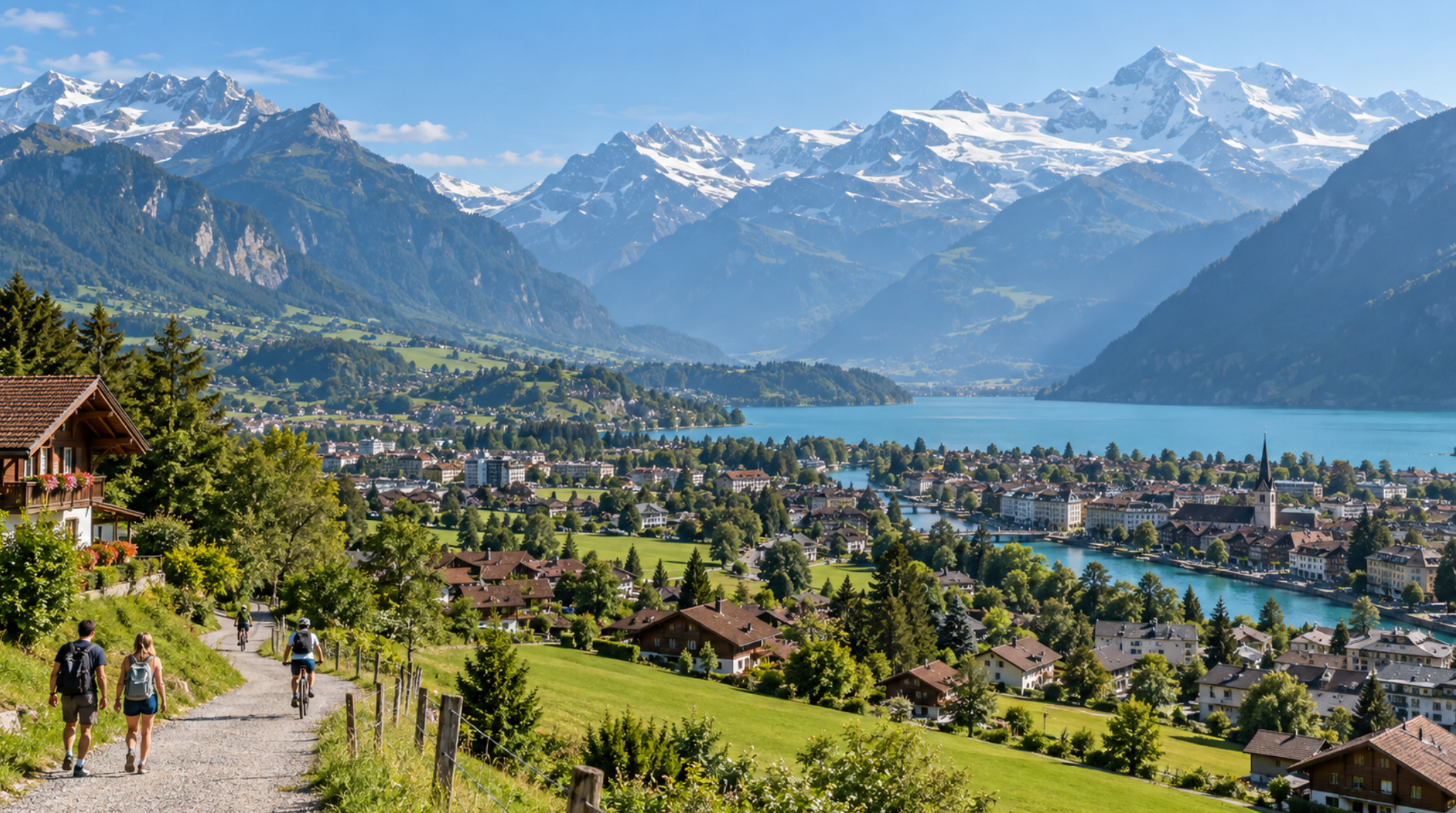 panoramic photograph of Interlaken, Switzerland on a clear summer morning, picturesque Swiss town surrounded by lush green meadows