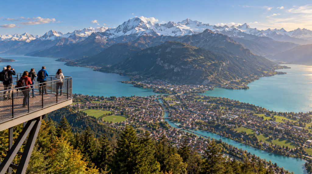 panoramic photograph from Harder Kulm viewpoint above Interlaken, Switzerland, turquoise Lake Thun and Lake Brienz visible on opposite sides of the town,