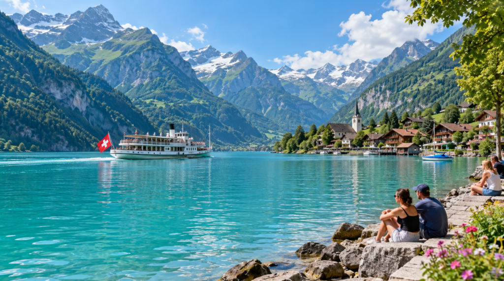 Authentic summer photograph of Lake Brienz near Interlaken, striking turquoise Alpine water surrounded by steep green mountains, traditional Swiss passenger boat crossing the lake