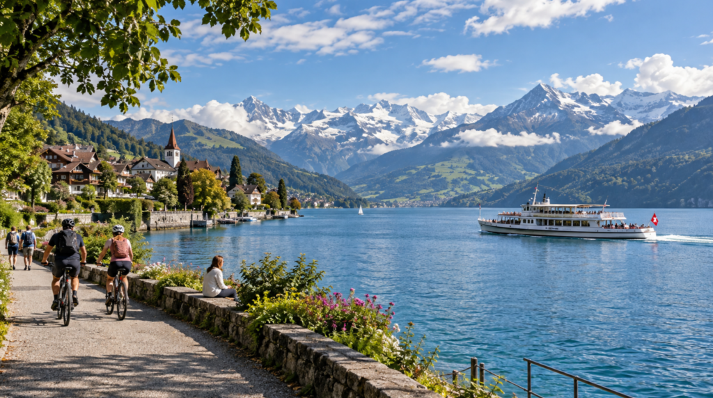 documentary-style landscape photograph of Lake Thun, Switzerland, deep blue lake framed by green hills and distant snow-tipped mountains,
